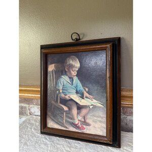 Vintage 1950-69 James Ingwersen Folk Art Print Framed Boy With Book